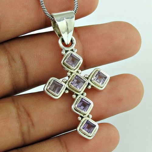 Trendy 925 Sterling Silver Amethyst Gemstone Cross Pendant Jewellery