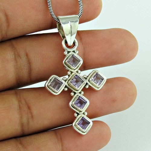 Charming 925 Sterling Silver Amethyst Gemstone Cross Pendant Vintage Jewellery