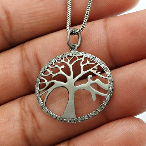 Black Rhodium Plated Tree Of Life Diamond Pendant 925 Sterling Silver Jewelry