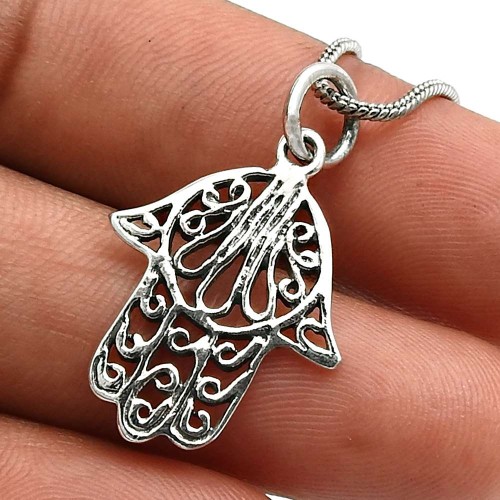 925 Sterling Silver HANDMADE Jewelry Hamsa Pendant D23