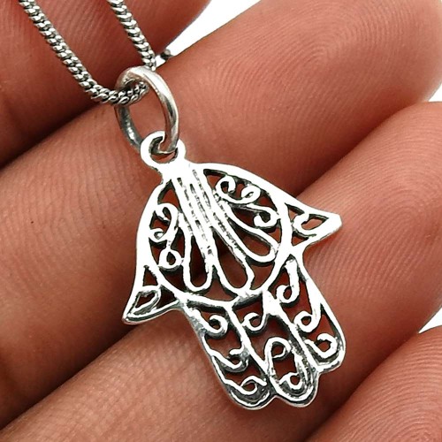 925 Sterling Silver HANDMADE Jewelry Hamsa Pendant I23