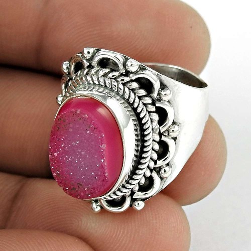 Seemly 925 Sterling Silver Pink Druzy Ring Jewellery