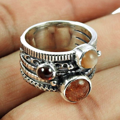 925 Sterling Silver Fashion Jewellery Party Wear Garnet, Sunstone, Moonstone Gemstone Ring Exporter