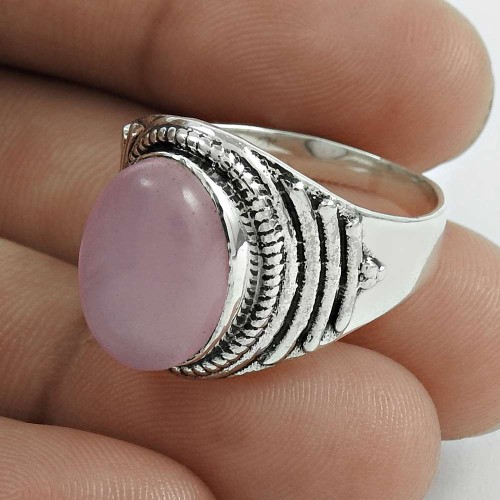 Pleasing 925 Sterling Silver Rose Quartz Gemstone Ring Size 6 Antique Jewelry E69