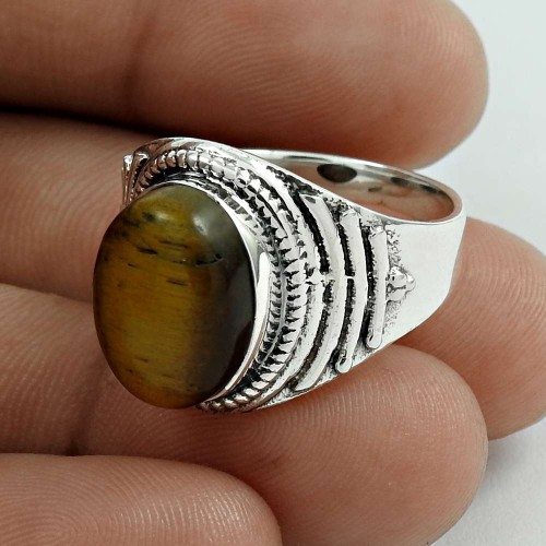 Pleasing 925 Sterling Silver Tiger Eye Gemstone Ring Size 9 Handmade Jewelry E85