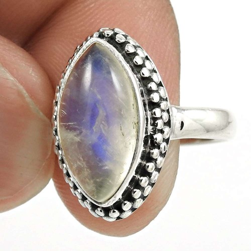 HANDMADE 925 Solid Sterling Silver Natural RAINBOW MOONSTONE Ring Size 6 KK70