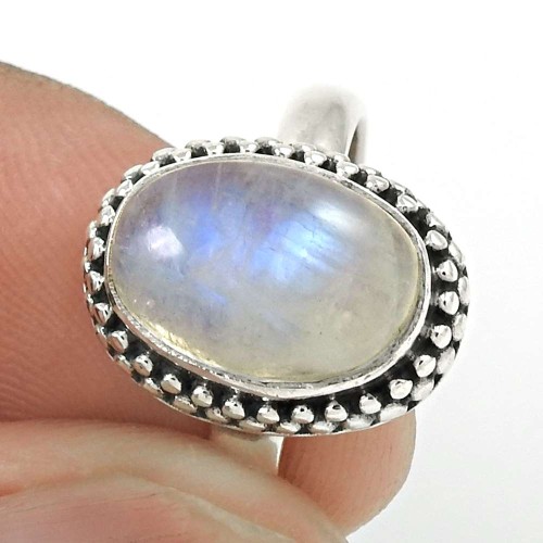 HANDMADE 925 Solid Sterling Silver Natural RAINBOW MOONSTONE Ring Size 7 KK71