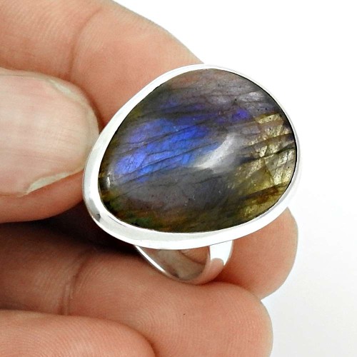 Labradorite Gemstone Ring Size 8 925 Sterling Silver Vintage Jewelry CB8