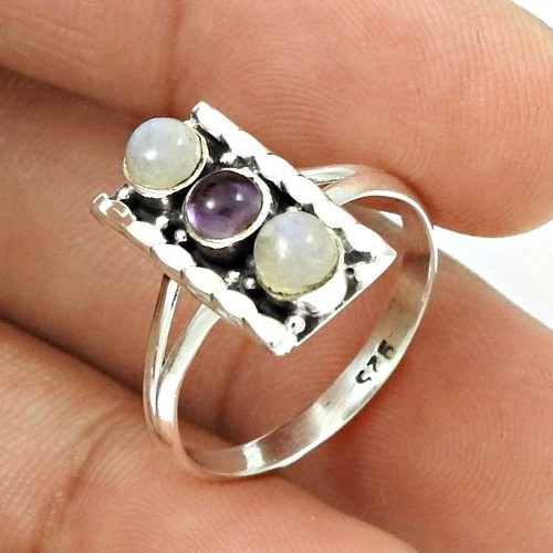 Amethyst Rainbow Moonstone Ring Size 7 925 Sterling Silver Tribal Jewelry CB48