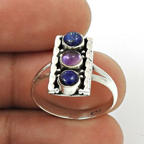 Lapis Amethyst Gemstone Ring Size 6 925 Sterling Silver Ethnic Jewelry CB59