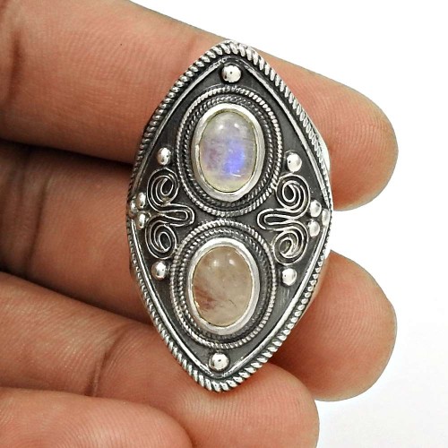 Natural RAINBOW MOONSTONE ROSE QUARTZ 925 Sterling Silver Tribal Ring Size 8.5 JJ16