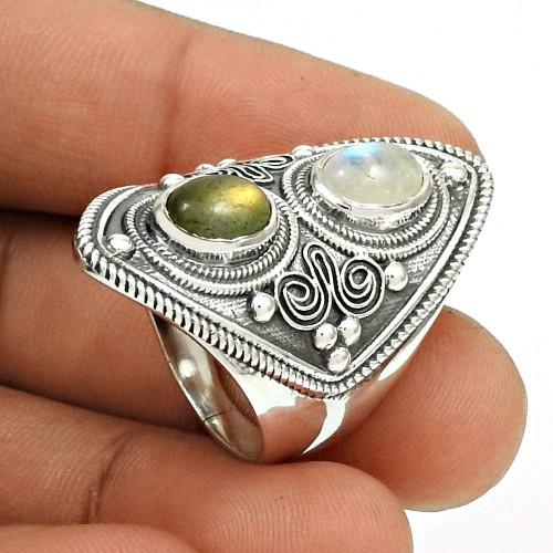 Natural RAINBOW MOONSTONE LABRADORITE HANDMADE 925 Silver Ring Size 9 GG17