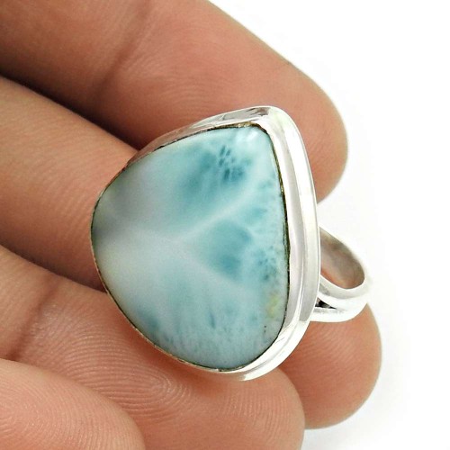 Larimar Gemstone Ring 925 Sterling Silver Handmade Indian Jewelry D17