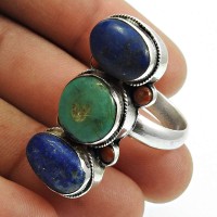 Lapis Lazuli Turquoise Coral Gemstone Ring 925 Sterling Silver Indian Handmade Jewelry Q3