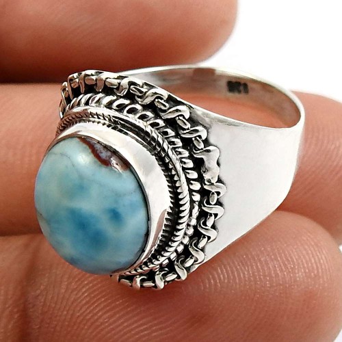 HANDMADE 925 Sterling Silver Jewelry Oval Shape Larimar Gemstone Ring Size 8 O20