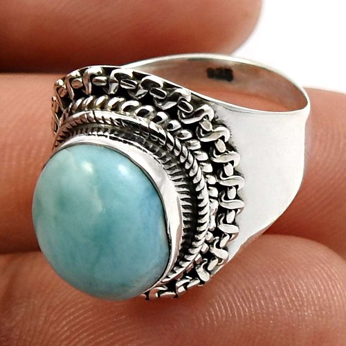 925 Sterling Fine Silver Jewelry Oval Shape Larimar Gemstone Ring Size 7 P20