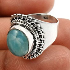 925 Sterling Fine Silver Jewelry Oval Shape Larimar Gemstone Ring Size 6 R20