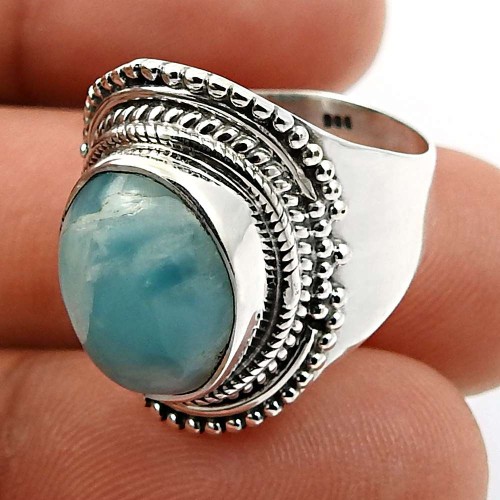 925 Sterling Fine Silver Jewelry Oval Shape Larimar Gemstone Ring Size 6 Z25