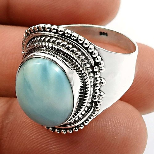 Oval Shape Larimar Gemstone Ring Size 9 925 Sterling Silver HANDMADE Jewelry C26