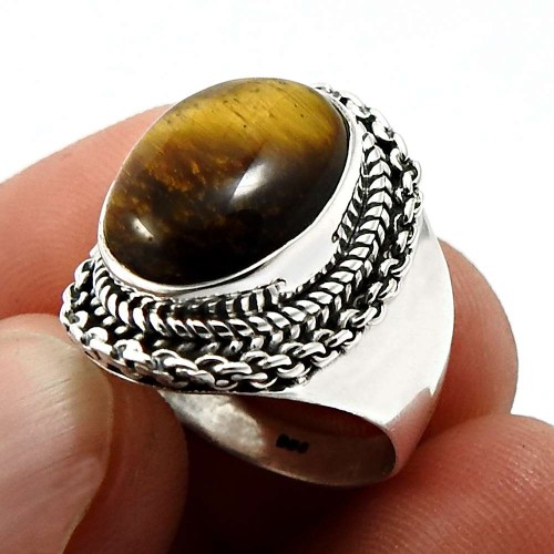 Tiger'S Eye Gemstone Ring Size 6 925 Sterling Silver Fine Jewelry Y13