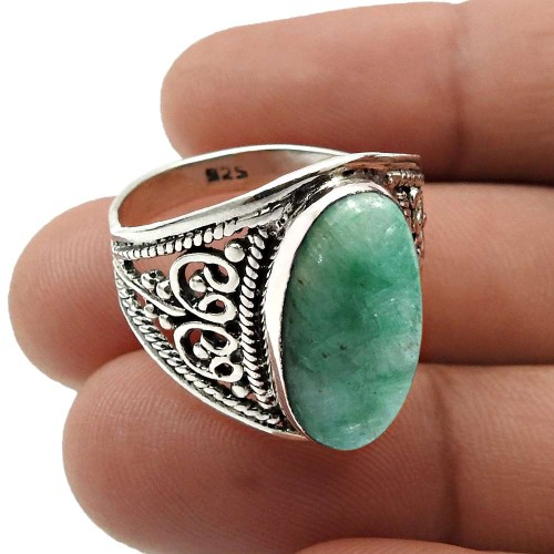 925 Sterling Silver Handmade Jewelry Emerald Gemstone Ring Size 9 D14