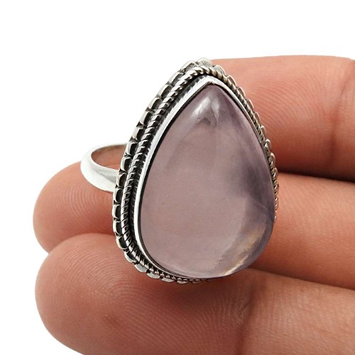 Rose Quartz Gemstone Jewelry 925 Sterling Silver Ring Size 7 K42