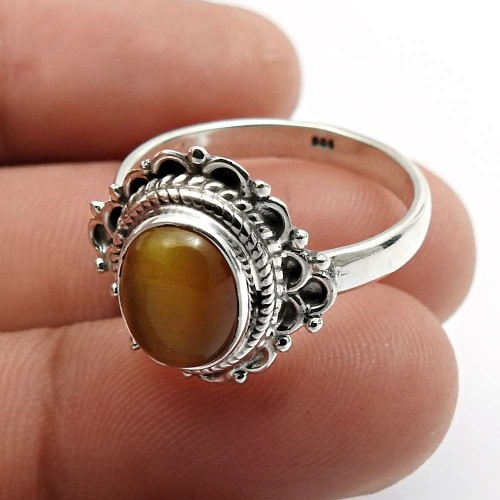 Tiger'S Eye Gemstone Ring Size 8 925 Sterling Silver Jewelry H53