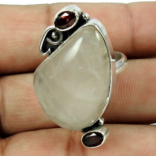 Rare Rose Quartz, Garnet Gemstone Ring 925 Sterling Silver Indian Jewellery